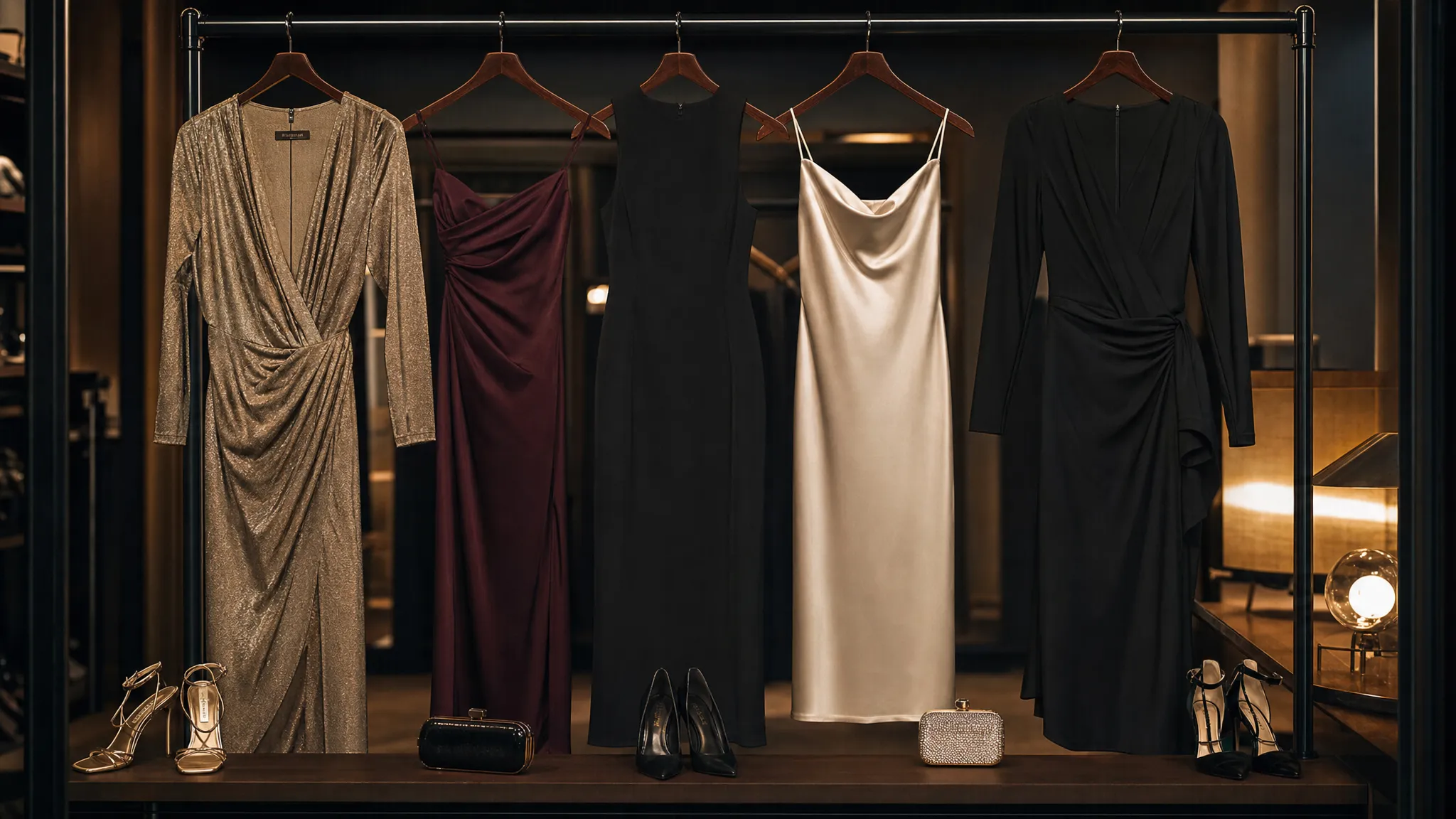 A row of cocktail dresses on a clothing rack in wrap, A-line, sheath, satin midi, and long-sleeve styles, with heels and small evening bags arranged beside them.